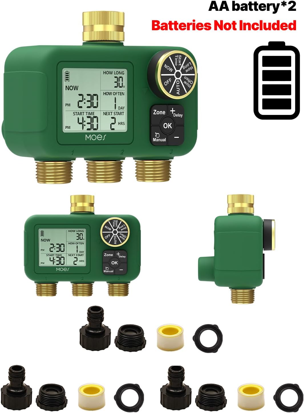 2 Zone Water Timer, Brass Fittings, Rain Delay, No Wi-Fi Required