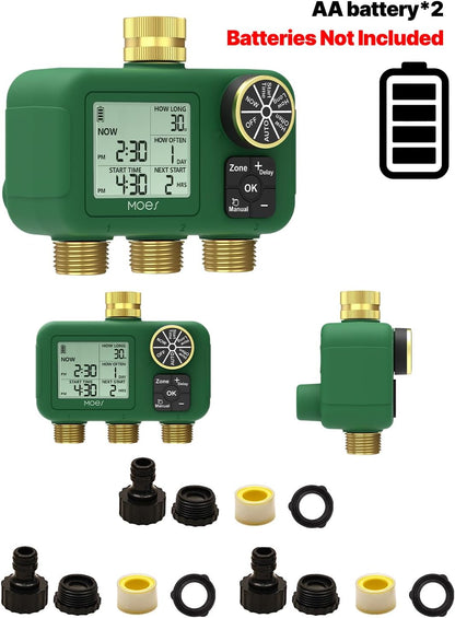 2 Zone Water Timer, Brass Fittings, Rain Delay, No Wi-Fi Required