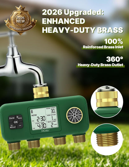 2 Zone Water Timer, Brass Fittings, Rain Delay, No Wi-Fi Required