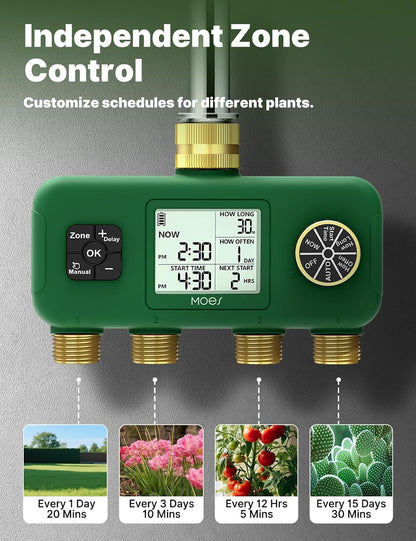 2 Zone Water Timer, Brass Fittings, Rain Delay, No Wi-Fi Required