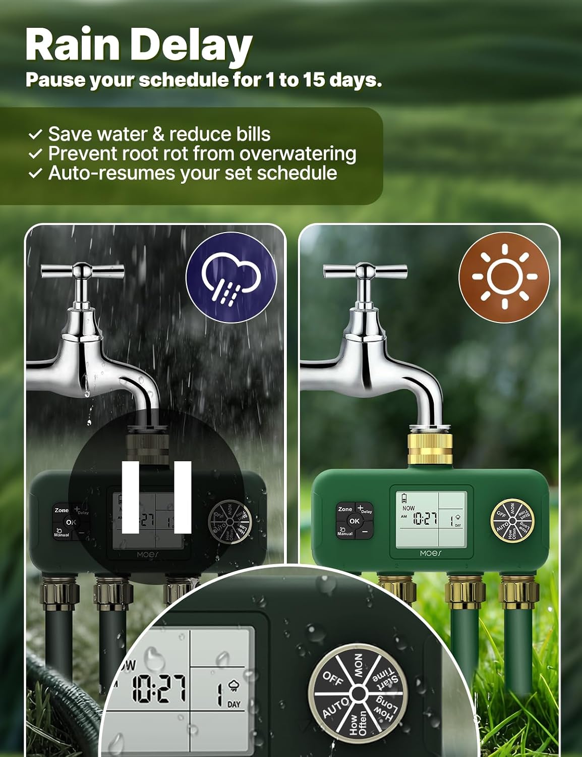 2 Zone Water Timer, Brass Fittings, Rain Delay, No Wi-Fi Required