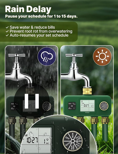 2 Zone Water Timer, Brass Fittings, Rain Delay, No Wi-Fi Required
