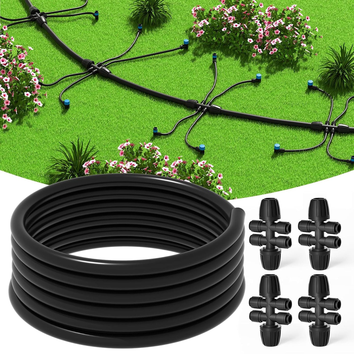 50FT 1/2" Irrigation Tubing, 0.7" OD x 0.5“ ID Hose with 4 Connectors