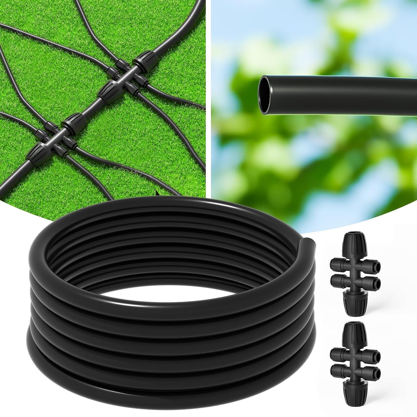 50FT 1/2" Irrigation Tubing, 0.7" OD x 0.5“ ID Hose with 4 Connectors