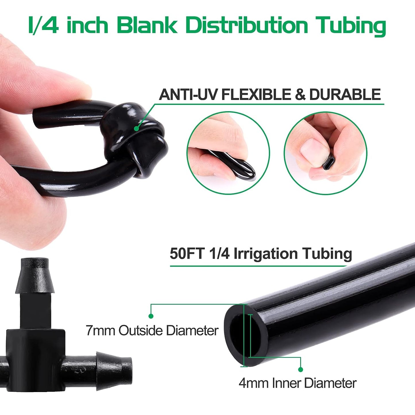 50FT 1/2" Irrigation Tubing, 0.7" OD x 0.5“ ID Hose with 4 Connectors