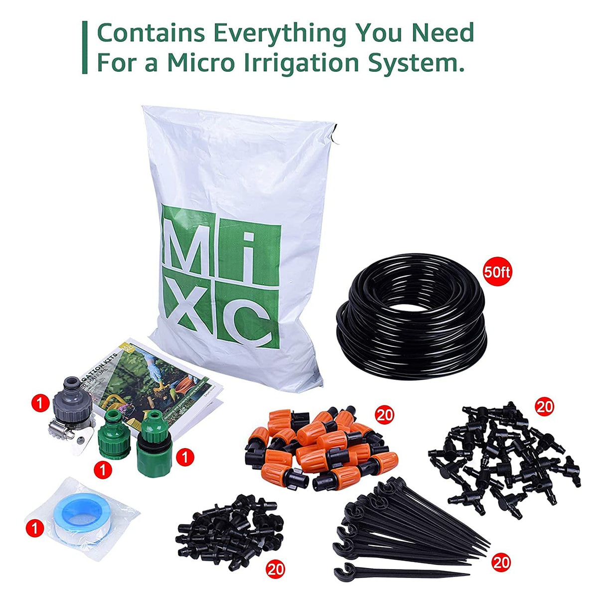 50FT 1/2" Irrigation Tubing, 0.7" OD x 0.5“ ID Hose with 4 Connectors