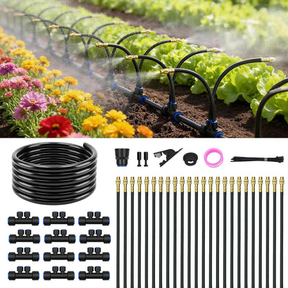 Drip Irrigation System for Garden, Automatic Watering System with Adjustable 360° Copper Spray Nozzles, DIY Drip Irrigation Kit for Yard, Lawn, Greenhouse, Raised Beds & Potted Plants (30FT)