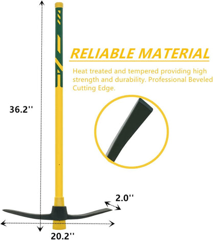 Cutter Mattock, 36" Heavy Duty Pick Axe with Forged Heat Treated Steel Blades Hoe for Weeding, Prying and Chopping, Digging Tool with Fiberglass Handle (36.3inch, Yellow)