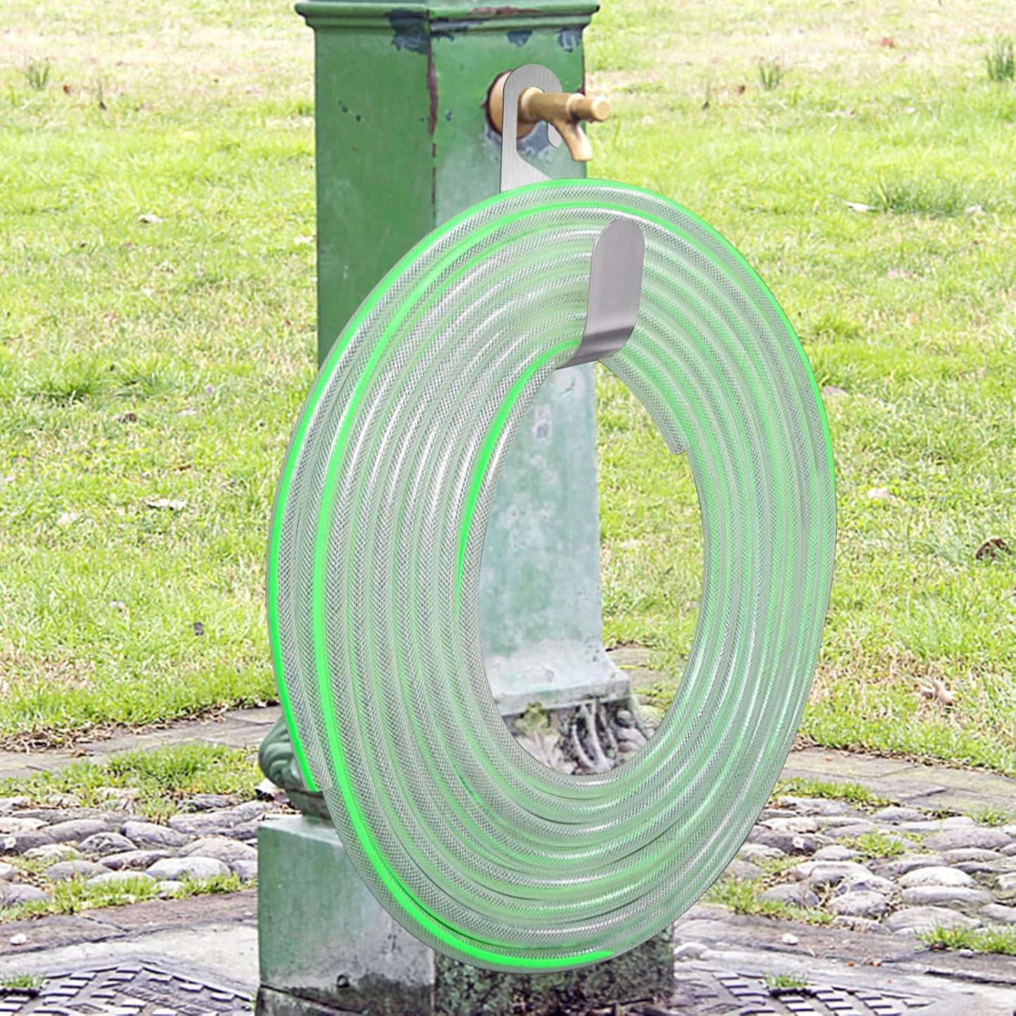 Garden Hose Hanger, Stainless Steel Wall Mount Water Hose Holder, Hanging Hose Storage Rack Hose Stand for Garden Hose, Ropes, Outside Yard (Silver)