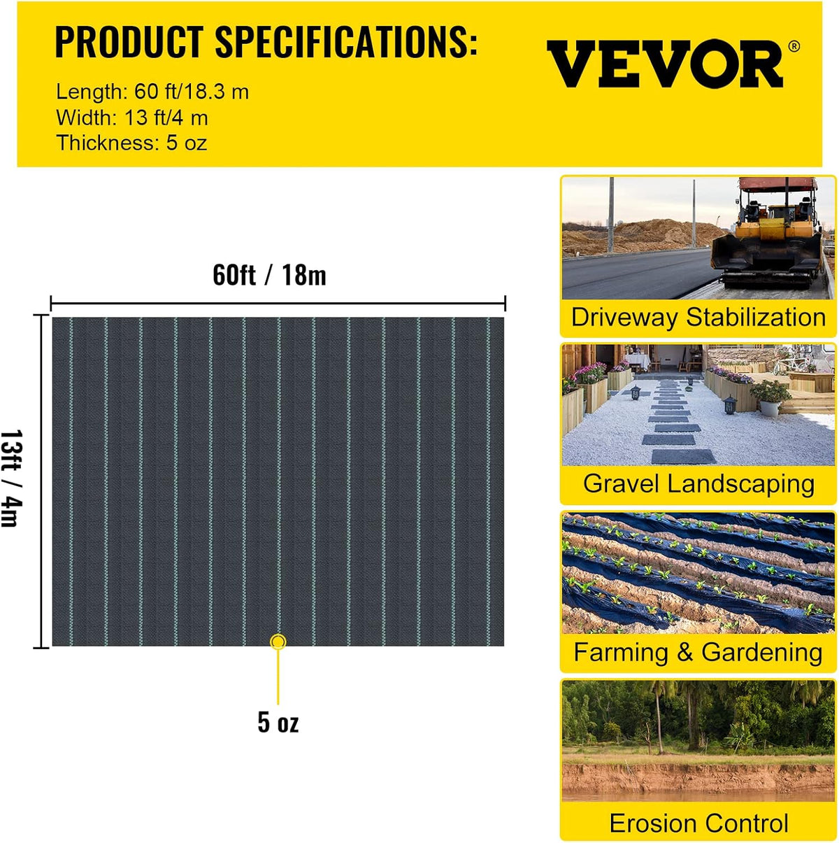 6x300ft Premium Weed Barrier Landscape Fabric Heavy Duty 2.4OZ, Woven Weed Control Fabric, High Permeability Good for Flower Bed, Geotextile Fabric Underlayment, Driveway Fabric Ground Cover