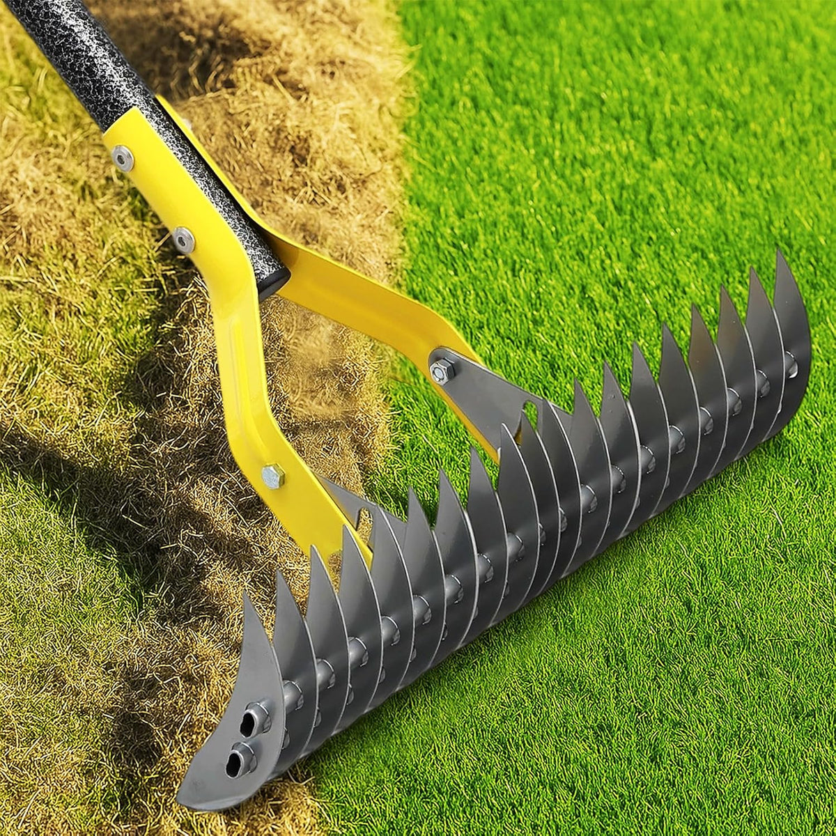 Heavy Duty Thatch Rake for Lawns -15" Dual-Action Dethatcher Thatching Rake with Sharp Blade for Dead Grass Removal,Soil Loosening,Lawn Dethatching,70" Manual Thatcher for Yard,Garden, Lawn