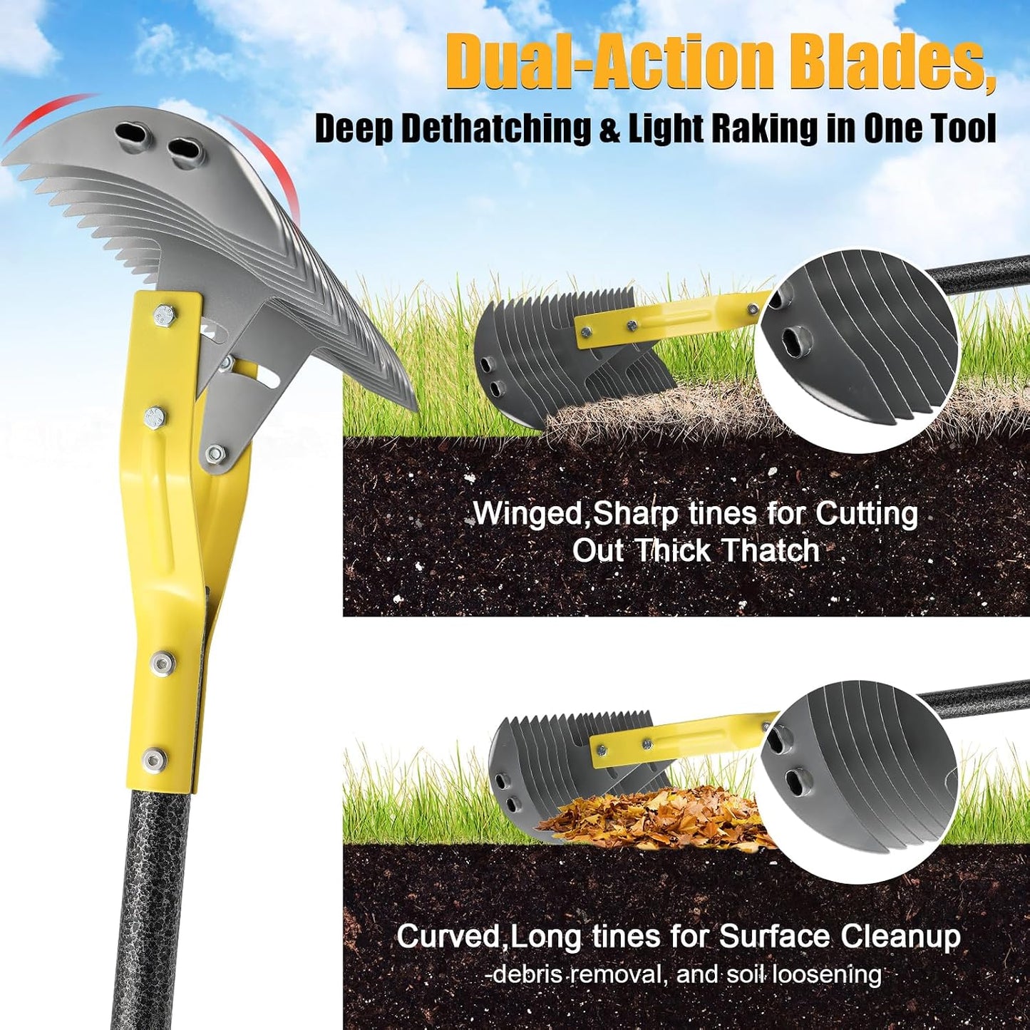 Heavy Duty Thatch Rake for Lawns -15" Dual-Action Dethatcher Thatching Rake with Sharp Blade for Dead Grass Removal,Soil Loosening,Lawn Dethatching,70" Manual Thatcher for Yard,Garden, Lawn