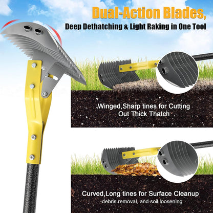 Heavy Duty Thatch Rake for Lawns -15" Dual-Action Dethatcher Thatching Rake with Sharp Blade for Dead Grass Removal,Soil Loosening,Lawn Dethatching,70" Manual Thatcher for Yard,Garden, Lawn