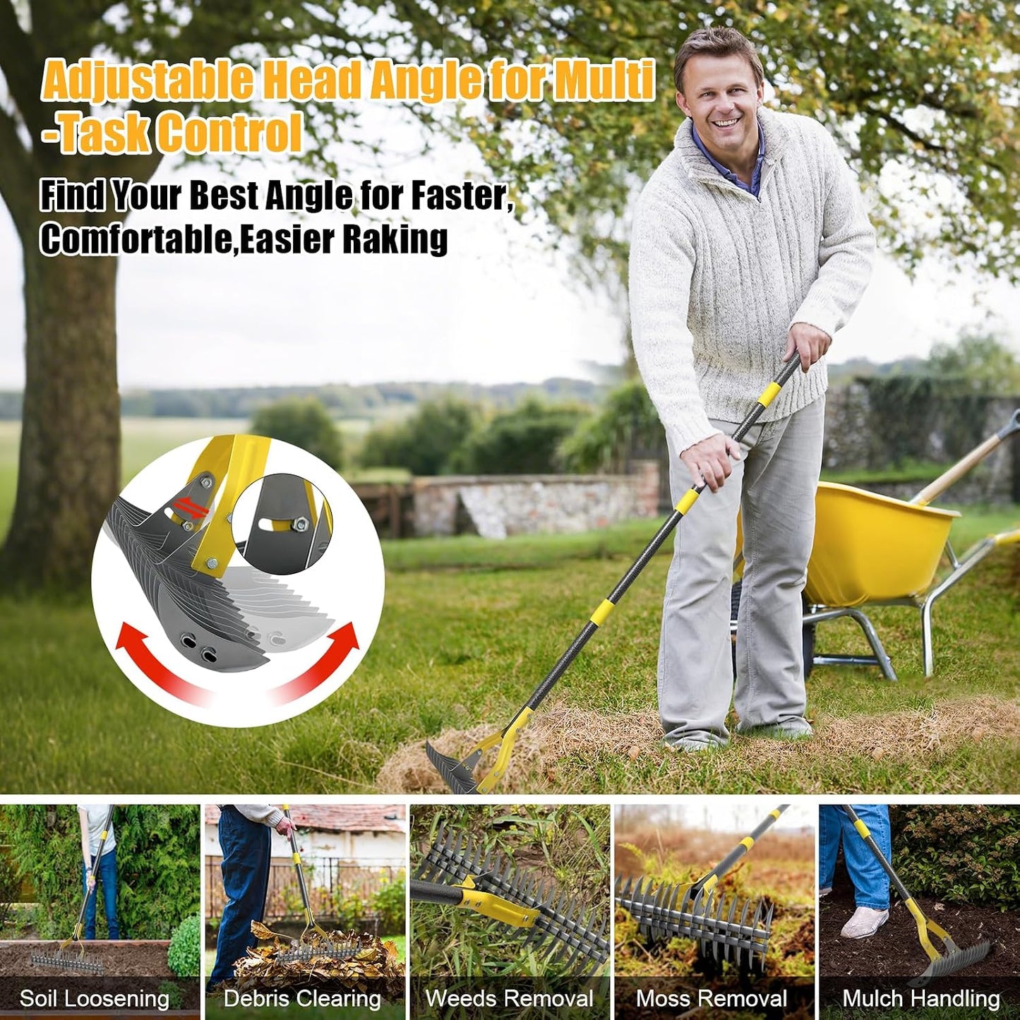 Heavy Duty Thatch Rake for Lawns -15" Dual-Action Dethatcher Thatching Rake with Sharp Blade for Dead Grass Removal,Soil Loosening,Lawn Dethatching,70" Manual Thatcher for Yard,Garden, Lawn