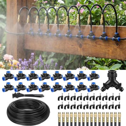 100FT Drip Irrigation System Kit, 1/4 Inch Garden Watering System with 16 Adjustable Brass Nozzles, Automatic Misting Watering Kit for Raised Beds, Greenhouse, Lawn, Patio, Yard