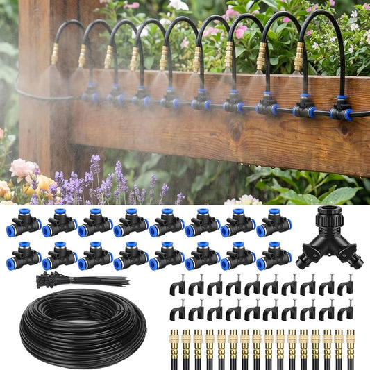 100FT Drip Irrigation System Kit, 1/4 Inch Garden Watering System with 16 Adjustable Brass Nozzles, Automatic Misting Watering Kit for Raised Beds, Greenhouse, Lawn, Patio, Yard