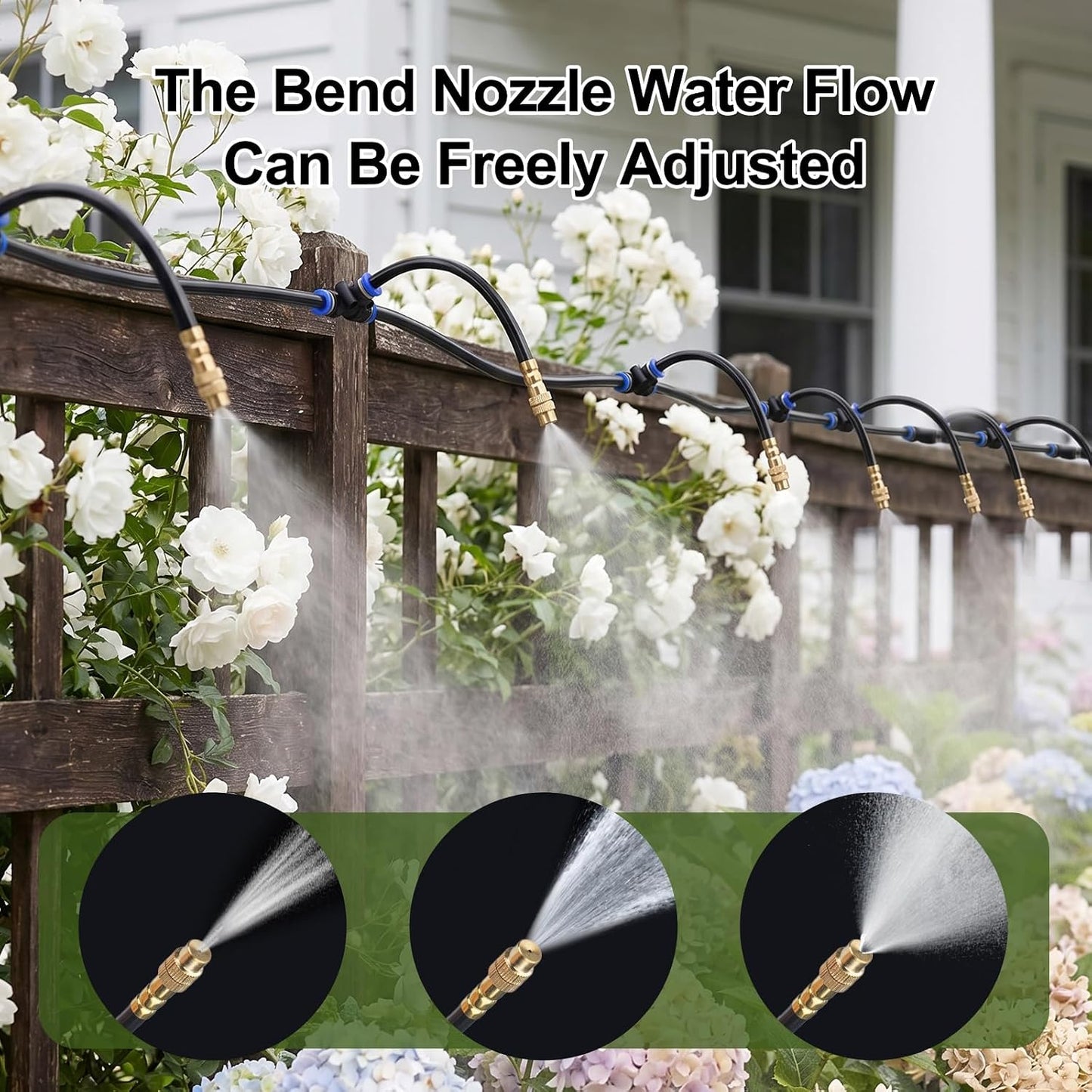100FT Drip Irrigation System Kit, 1/4 Inch Garden Watering System with 16 Adjustable Brass Nozzles, Automatic Misting Watering Kit for Raised Beds, Greenhouse, Lawn, Patio, Yard