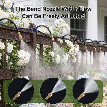 100FT Drip Irrigation System Kit, 1/4 Inch Garden Watering System with 16 Adjustable Brass Nozzles, Automatic Misting Watering Kit for Raised Beds, Greenhouse, Lawn, Patio, Yard