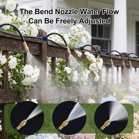 100FT Drip Irrigation System Kit, 1/4 Inch Garden Watering System with 16 Adjustable Brass Nozzles, Automatic Misting Watering Kit for Raised Beds, Greenhouse, Lawn, Patio, Yard