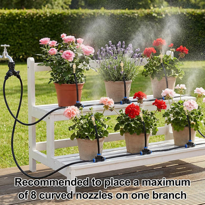 100FT Drip Irrigation System Kit, 1/4 Inch Garden Watering System with 16 Adjustable Brass Nozzles, Automatic Misting Watering Kit for Raised Beds, Greenhouse, Lawn, Patio, Yard