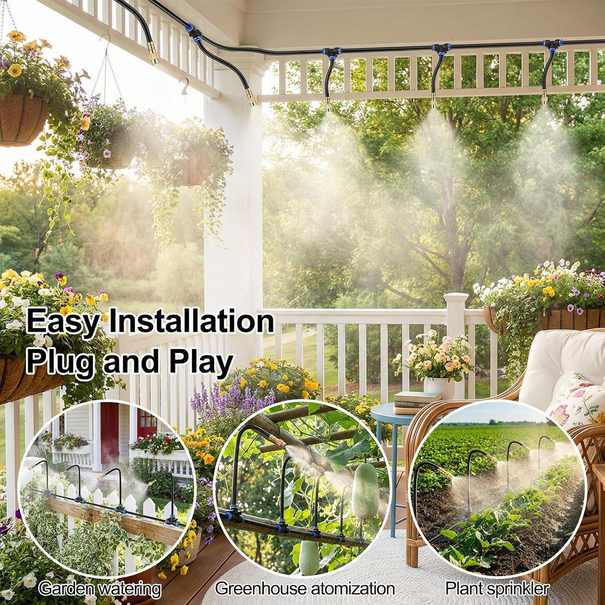 100FT Drip Irrigation System Kit, 1/4 Inch Garden Watering System with 16 Adjustable Brass Nozzles, Automatic Misting Watering Kit for Raised Beds, Greenhouse, Lawn, Patio, Yard