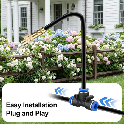 100FT Drip Irrigation System Kit, 1/4 Inch Garden Watering System with 16 Adjustable Brass Nozzles, Automatic Misting Watering Kit for Raised Beds, Greenhouse, Lawn, Patio, Yard