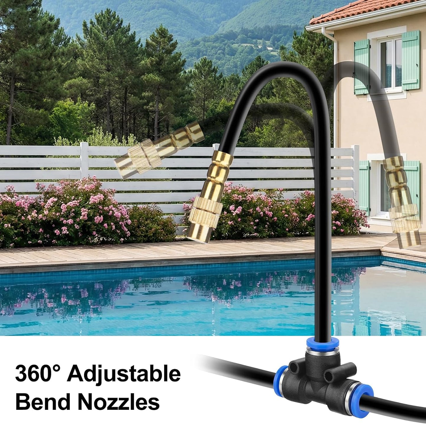 100FT Drip Irrigation System Kit, 1/4 Inch Garden Watering System with 16 Adjustable Brass Nozzles, Automatic Misting Watering Kit for Raised Beds, Greenhouse, Lawn, Patio, Yard