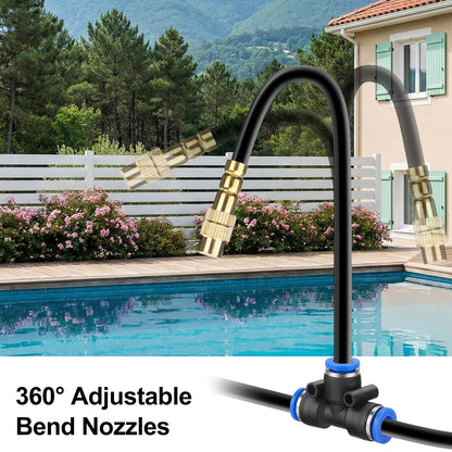 100FT Drip Irrigation System Kit, 1/4 Inch Garden Watering System with 16 Adjustable Brass Nozzles, Automatic Misting Watering Kit for Raised Beds, Greenhouse, Lawn, Patio, Yard