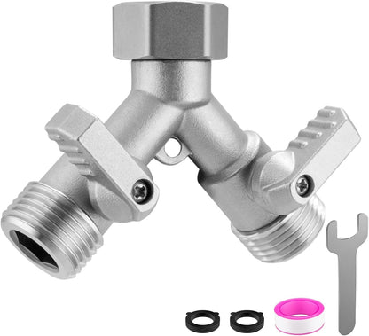Garden Hose Splitter 2 Way Heavy Duty, 304 Stainless Steel 2Way Hose Splitter, 3/4'' GHT Water Hose Splitter 2 Way, Full Flow Garden Hose Y Splitter(All Components are Stainless Steel)