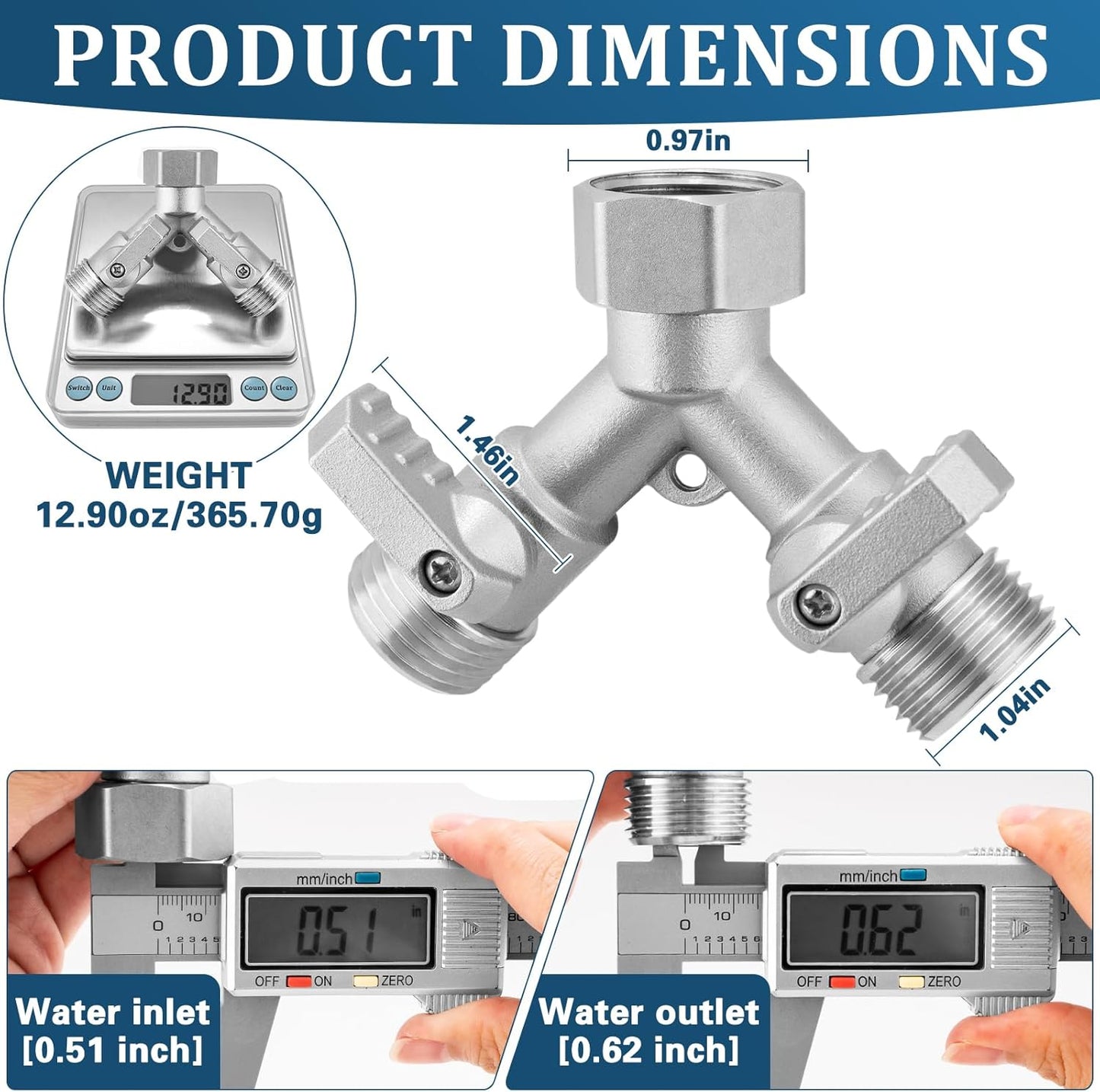 Garden Hose Splitter 2 Way Heavy Duty, 304 Stainless Steel 2Way Hose Splitter, 3/4'' GHT Water Hose Splitter 2 Way, Full Flow Garden Hose Y Splitter(All Components are Stainless Steel)
