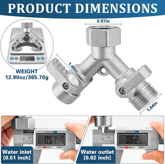 Garden Hose Splitter 2 Way Heavy Duty, 304 Stainless Steel 2Way Hose Splitter, 3/4'' GHT Water Hose Splitter 2 Way, Full Flow Garden Hose Y Splitter(All Components are Stainless Steel)