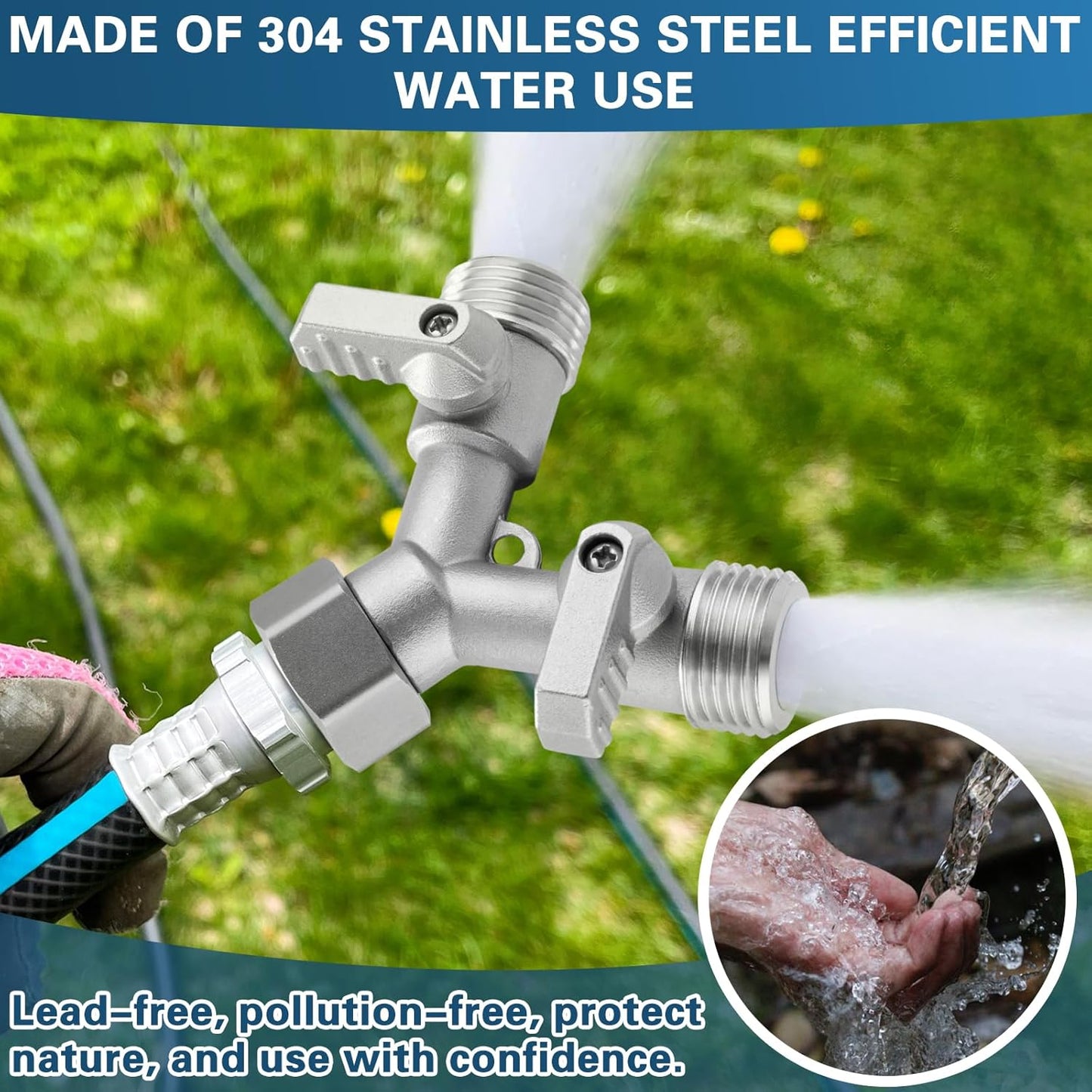 Garden Hose Splitter 2 Way Heavy Duty, 304 Stainless Steel 2Way Hose Splitter, 3/4'' GHT Water Hose Splitter 2 Way, Full Flow Garden Hose Y Splitter(All Components are Stainless Steel)