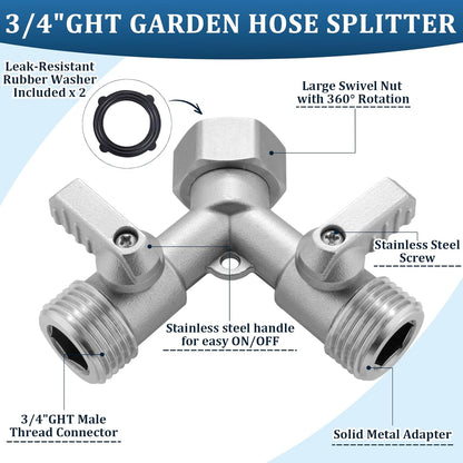 Garden Hose Splitter 2 Way Heavy Duty, 304 Stainless Steel 2Way Hose Splitter, 3/4'' GHT Water Hose Splitter 2 Way, Full Flow Garden Hose Y Splitter(All Components are Stainless Steel)