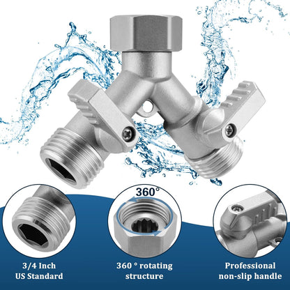 Garden Hose Splitter 2 Way Heavy Duty, 304 Stainless Steel 2Way Hose Splitter, 3/4'' GHT Water Hose Splitter 2 Way, Full Flow Garden Hose Y Splitter(All Components are Stainless Steel)