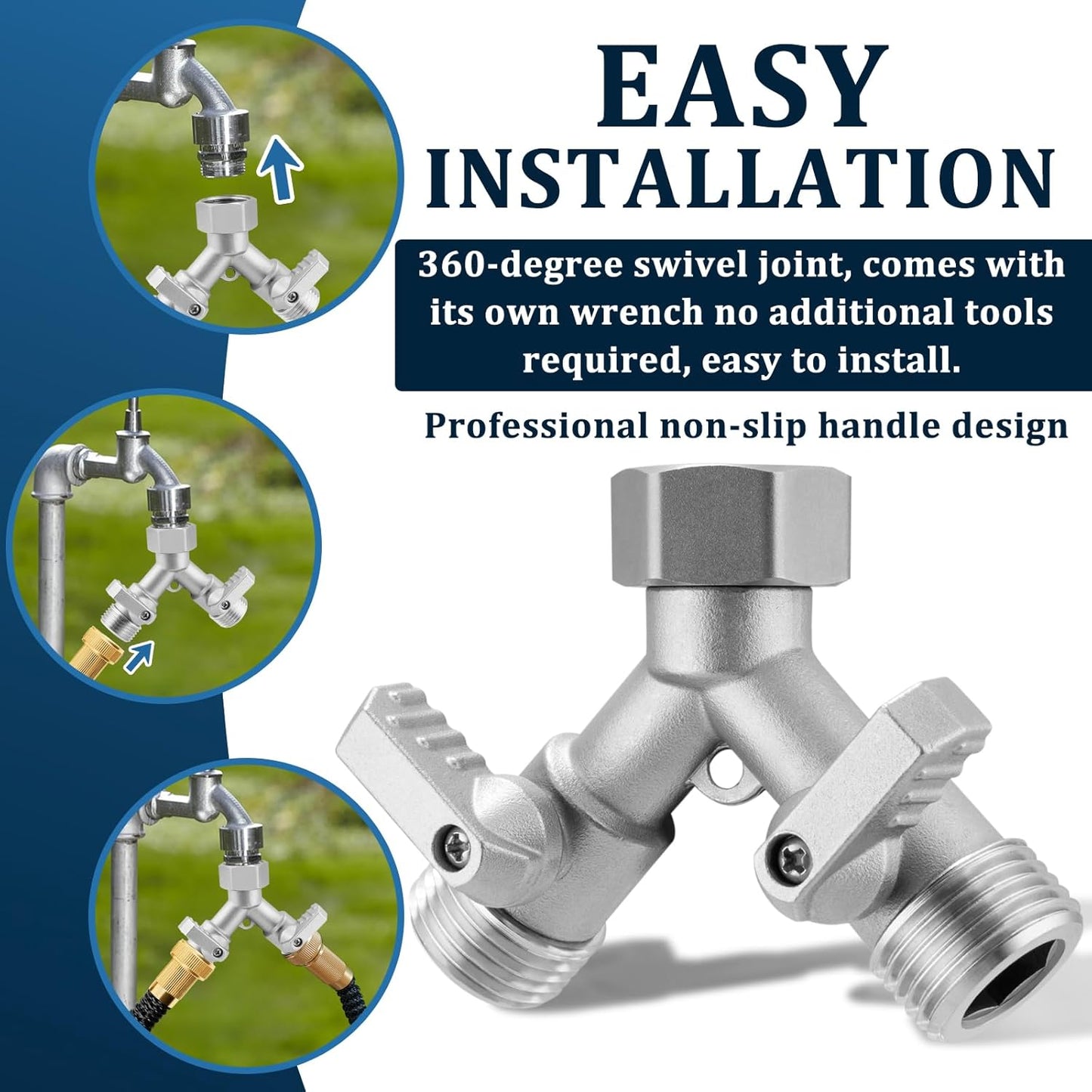 Garden Hose Splitter 2 Way Heavy Duty, 304 Stainless Steel 2Way Hose Splitter, 3/4'' GHT Water Hose Splitter 2 Way, Full Flow Garden Hose Y Splitter(All Components are Stainless Steel)