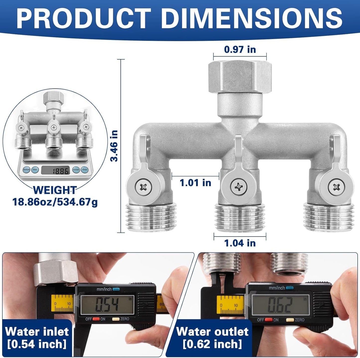 Garden Hose Splitter 2 Way Heavy Duty, 304 Stainless Steel 2Way Hose Splitter, 3/4'' GHT Water Hose Splitter 2 Way, Full Flow Garden Hose Y Splitter(All Components are Stainless Steel)