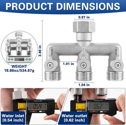 Garden Hose Splitter 2 Way Heavy Duty, 304 Stainless Steel 2Way Hose Splitter, 3/4'' GHT Water Hose Splitter 2 Way, Full Flow Garden Hose Y Splitter(All Components are Stainless Steel)