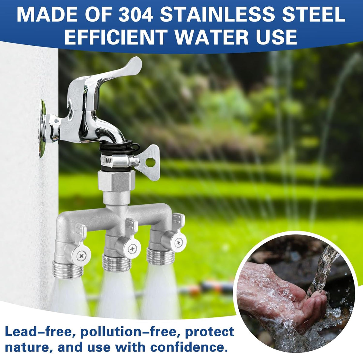 Garden Hose Splitter 2 Way Heavy Duty, 304 Stainless Steel 2Way Hose Splitter, 3/4'' GHT Water Hose Splitter 2 Way, Full Flow Garden Hose Y Splitter(All Components are Stainless Steel)