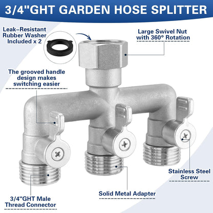 Garden Hose Splitter 2 Way Heavy Duty, 304 Stainless Steel 2Way Hose Splitter, 3/4'' GHT Water Hose Splitter 2 Way, Full Flow Garden Hose Y Splitter(All Components are Stainless Steel)