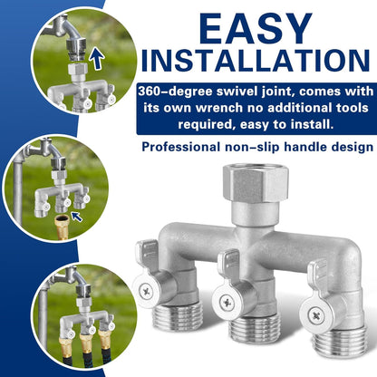 Garden Hose Splitter 2 Way Heavy Duty, 304 Stainless Steel 2Way Hose Splitter, 3/4'' GHT Water Hose Splitter 2 Way, Full Flow Garden Hose Y Splitter(All Components are Stainless Steel)