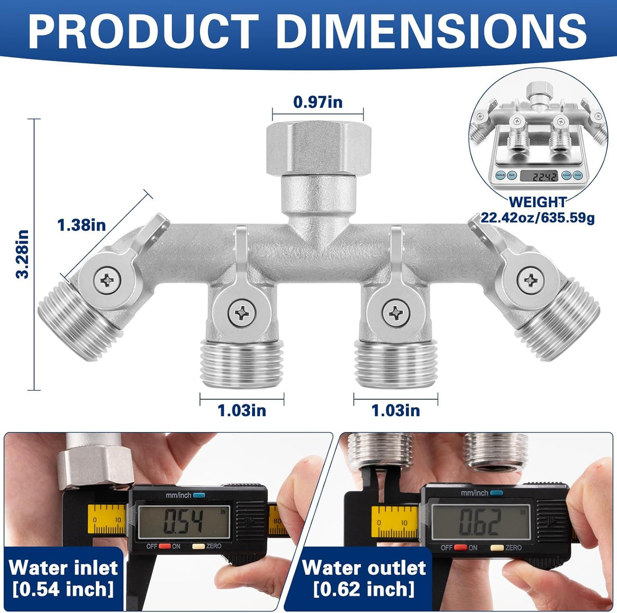 Garden Hose Splitter 2 Way Heavy Duty, 304 Stainless Steel 2Way Hose Splitter, 3/4'' GHT Water Hose Splitter 2 Way, Full Flow Garden Hose Y Splitter(All Components are Stainless Steel)