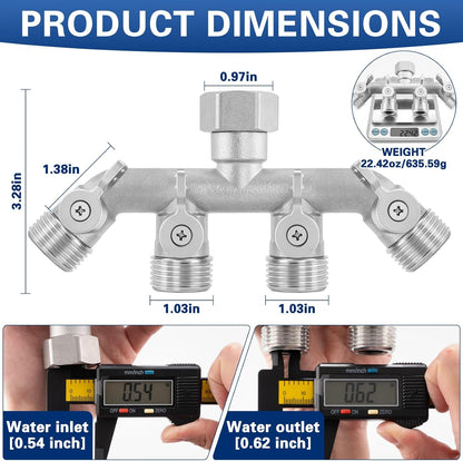 Garden Hose Splitter 2 Way Heavy Duty, 304 Stainless Steel 2Way Hose Splitter, 3/4'' GHT Water Hose Splitter 2 Way, Full Flow Garden Hose Y Splitter(All Components are Stainless Steel)