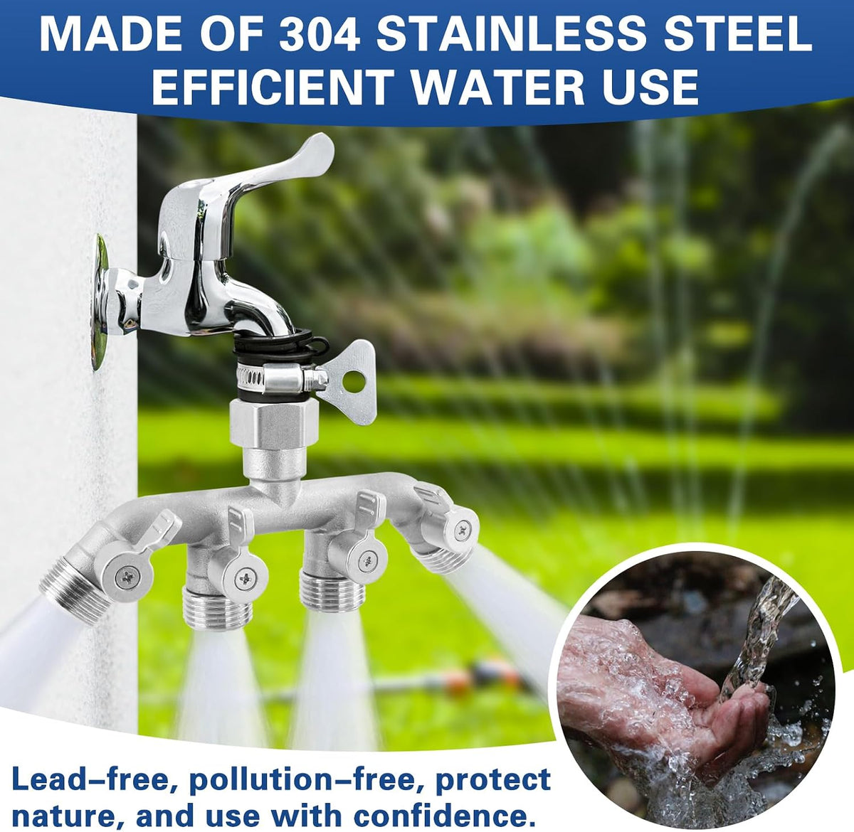Garden Hose Splitter 2 Way Heavy Duty, 304 Stainless Steel 2Way Hose Splitter, 3/4'' GHT Water Hose Splitter 2 Way, Full Flow Garden Hose Y Splitter(All Components are Stainless Steel)