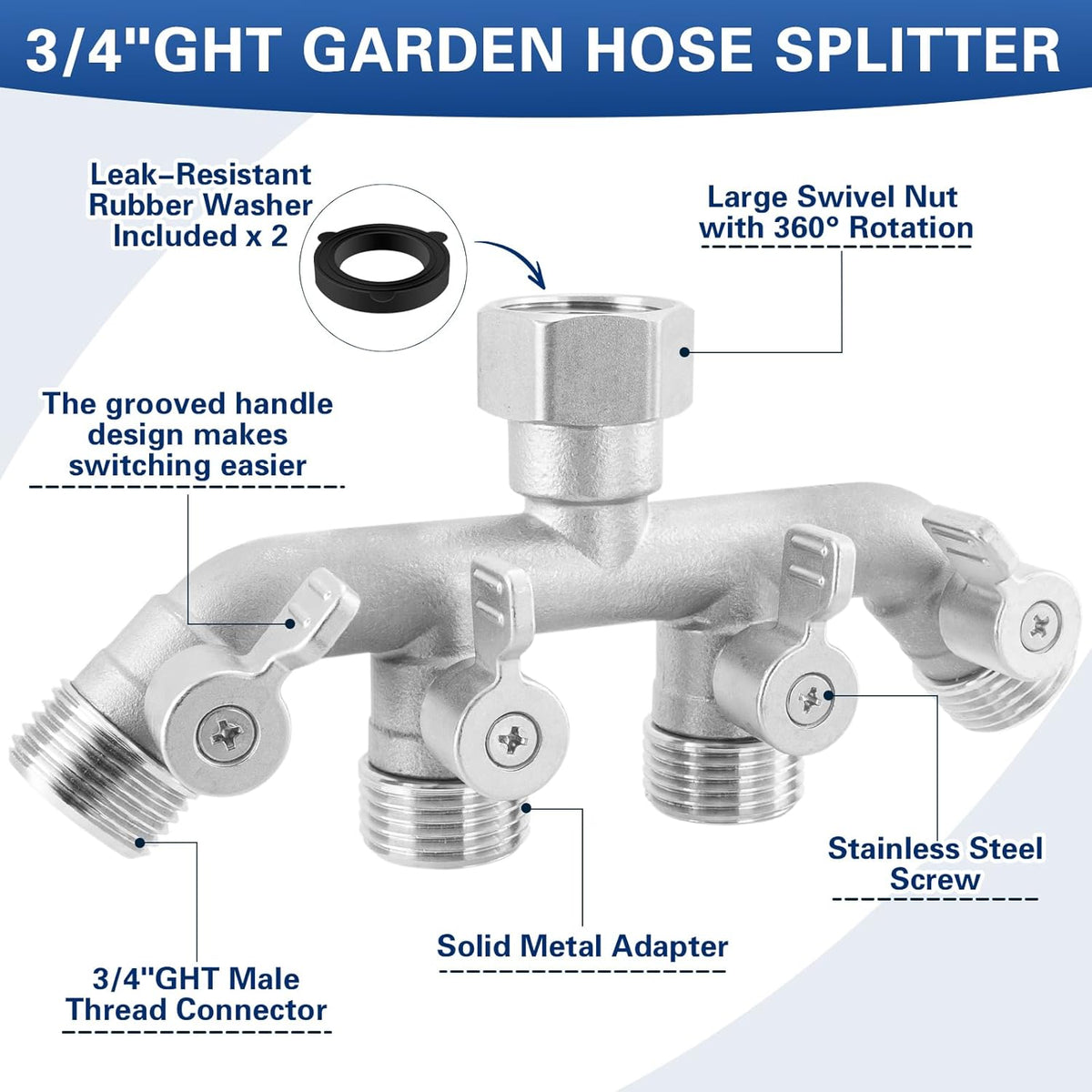 Garden Hose Splitter 2 Way Heavy Duty, 304 Stainless Steel 2Way Hose Splitter, 3/4'' GHT Water Hose Splitter 2 Way, Full Flow Garden Hose Y Splitter(All Components are Stainless Steel)