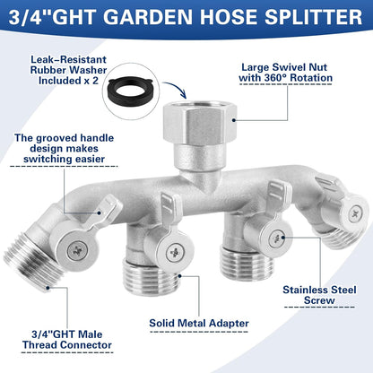 Garden Hose Splitter 2 Way Heavy Duty, 304 Stainless Steel 2Way Hose Splitter, 3/4'' GHT Water Hose Splitter 2 Way, Full Flow Garden Hose Y Splitter(All Components are Stainless Steel)