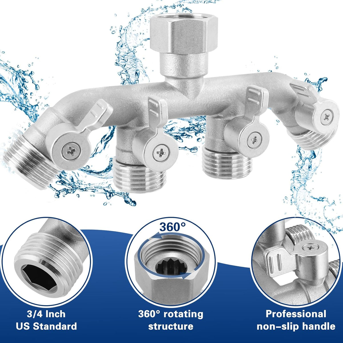 Garden Hose Splitter 2 Way Heavy Duty, 304 Stainless Steel 2Way Hose Splitter, 3/4'' GHT Water Hose Splitter 2 Way, Full Flow Garden Hose Y Splitter(All Components are Stainless Steel)