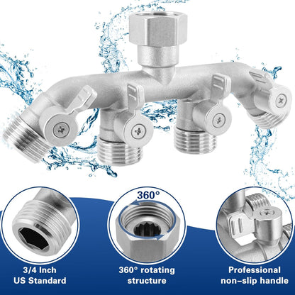 Garden Hose Splitter 2 Way Heavy Duty, 304 Stainless Steel 2Way Hose Splitter, 3/4'' GHT Water Hose Splitter 2 Way, Full Flow Garden Hose Y Splitter(All Components are Stainless Steel)
