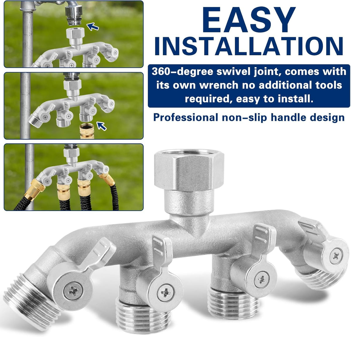 Garden Hose Splitter 2 Way Heavy Duty, 304 Stainless Steel 2Way Hose Splitter, 3/4'' GHT Water Hose Splitter 2 Way, Full Flow Garden Hose Y Splitter(All Components are Stainless Steel)