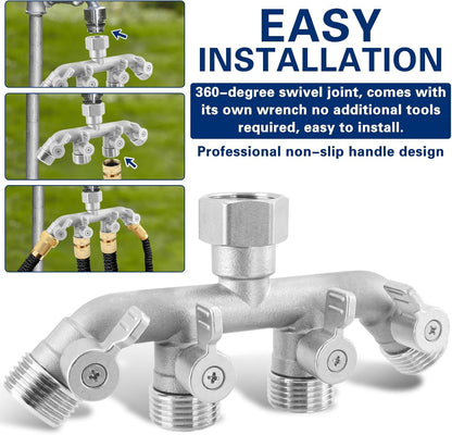 Garden Hose Splitter 2 Way Heavy Duty, 304 Stainless Steel 2Way Hose Splitter, 3/4'' GHT Water Hose Splitter 2 Way, Full Flow Garden Hose Y Splitter(All Components are Stainless Steel)