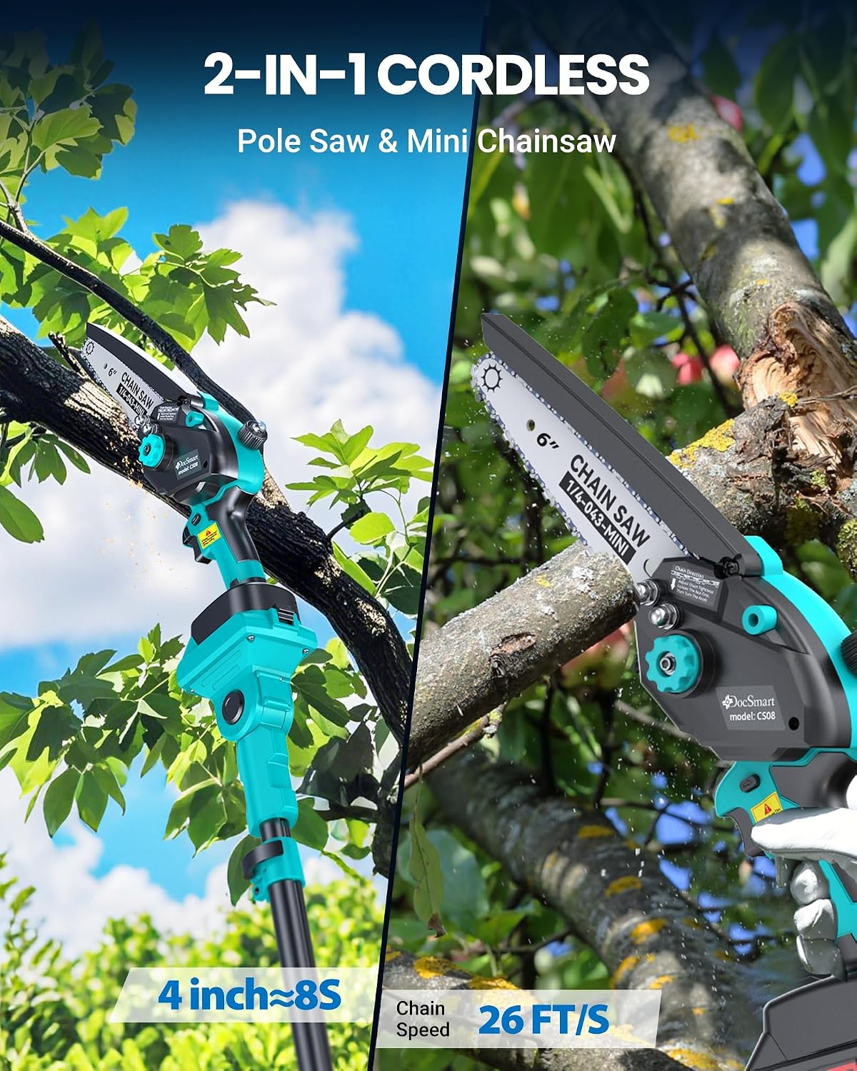 Pole Saws for Tree Trimming, 6" Brushless Mini Chainsaw with Extension Pole